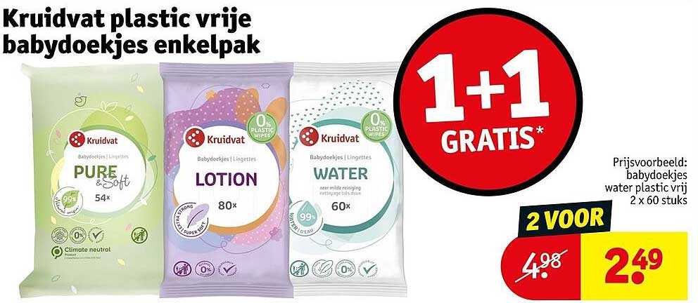 Kruidvat plastic vrije babydoekjes enkelpak 1+1 GRATIS*