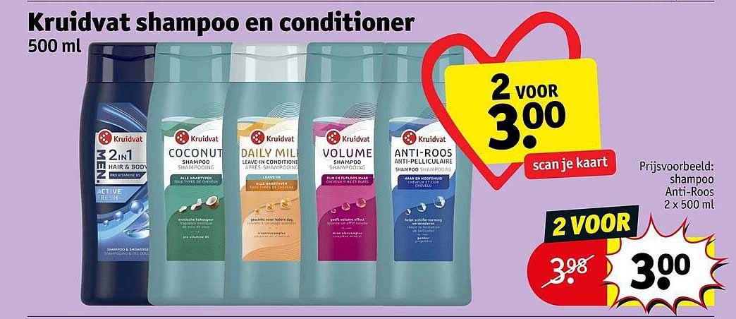 Kruidvat shampoo en conditioner 500 ml 2 voor 3.00 scan je kaart