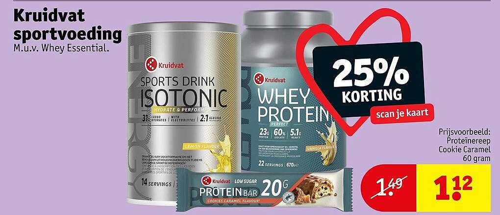 Kruidvat sportvoeding M.u.v. Whey Essential. 25% KORTING scan je kaart