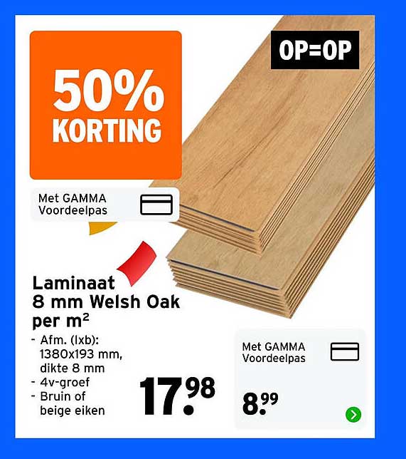 Laminaat 8 mm Welsh Oak per m² - 50% korting