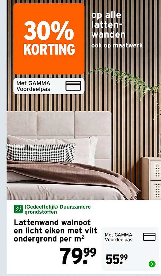 Lattenwand walnoot en licht eiken met vilt ondergrond per m² 30% KORTING