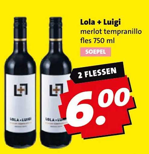 Lola + Luigi merlot tempranillo fles 750 ml SOEPEL 2 FLESSEN