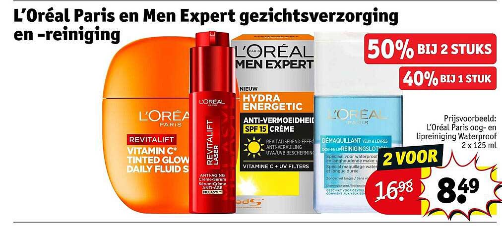 L’Oréal Paris en Men Expert gezichtsverzorging en -reiniging 50% BIJ 2 STUKS 40% BIJ 1 STUK