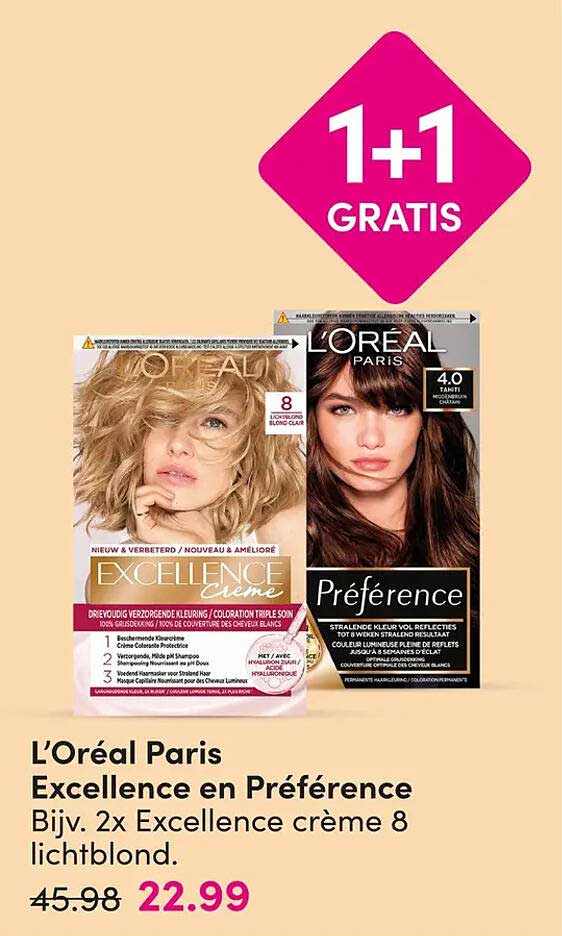 L'Oréal Paris Excellence en Préférence Bijv. 2x Excellence crème 8 lichtblond. 1+1 gratis