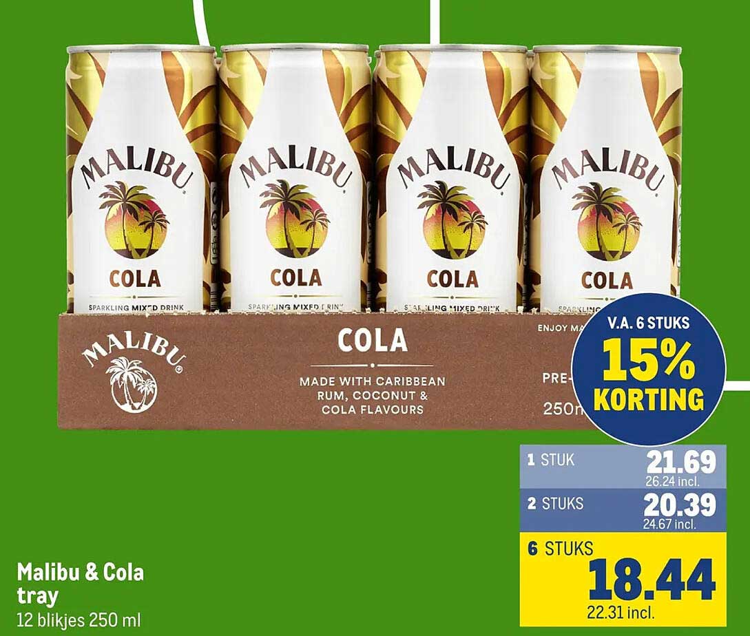 Malibu & Cola tray 12 blikjes 250 ml V.A. 6 stuks 15% KORTING
