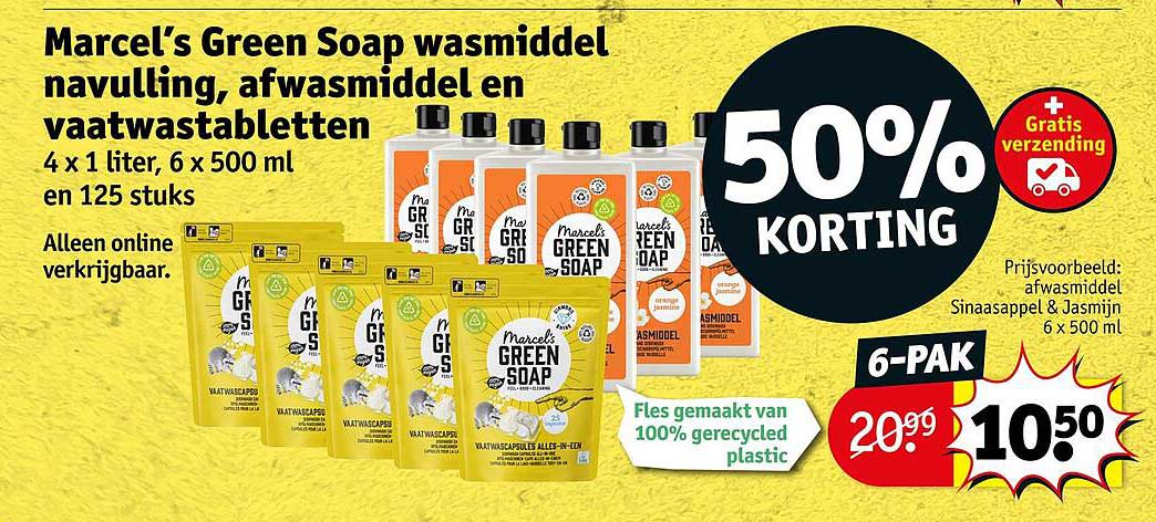 Marcel’s Green Soap wasmiddel navulling, afwasmiddel en vaatwastabletten 50% KORTING
