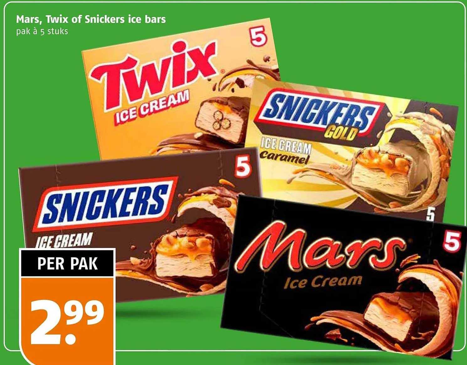 Mars, Twix of Snickers ice bars pak à 5 stuks