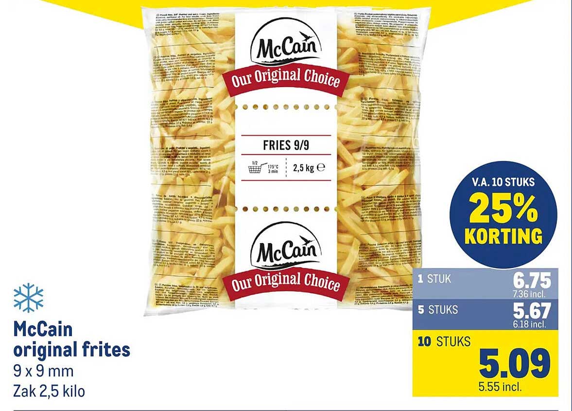 McCain original frites 9 x 9 mm Zak 2,5 kilo V.A. 10 STUKS 25% KORTING
