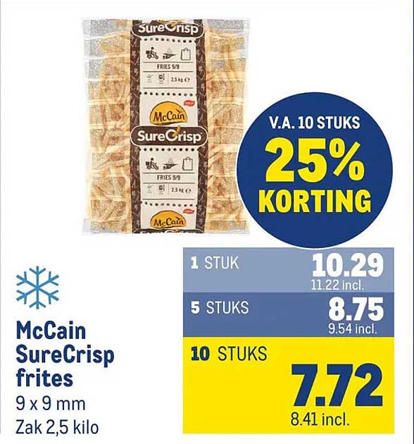 McCain SureCrisp frites 9 x 9 mm Zak 2,5 kilo 25% korting