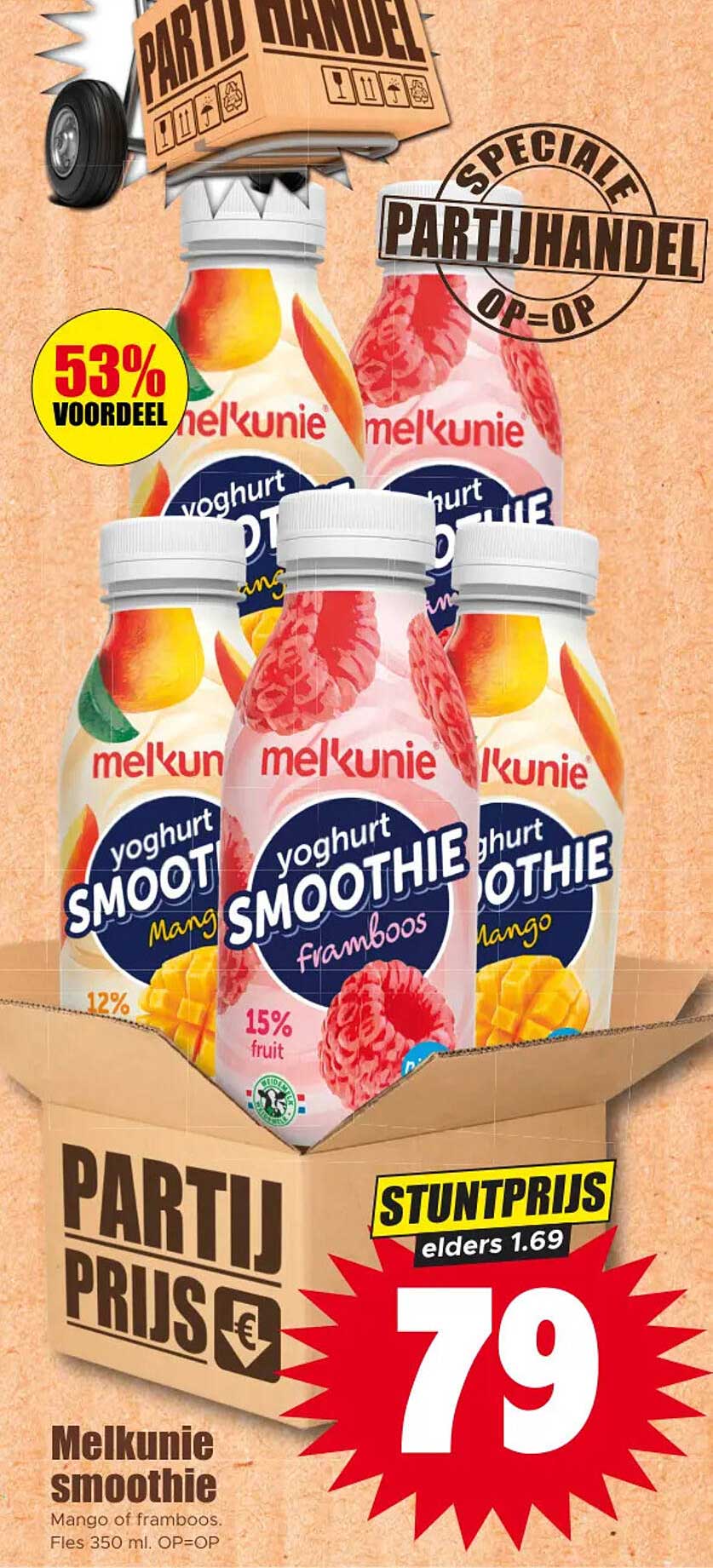 Melkunie smoothie Mango of framboos, fles 350 ml. OP=OP
