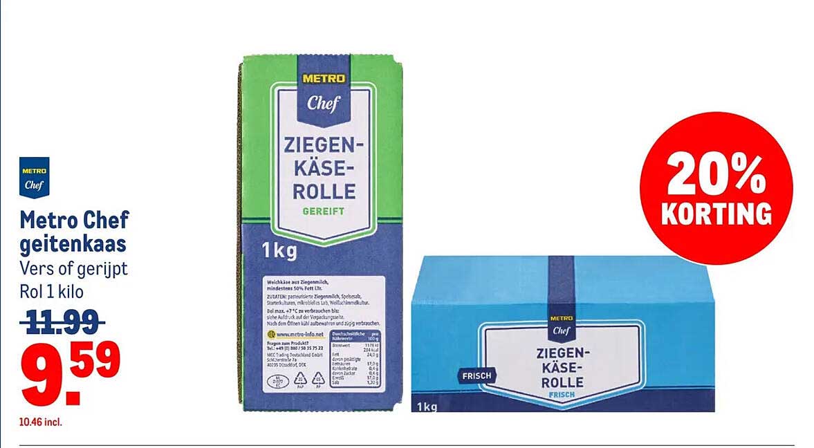 Metro Chef geitenkaas Vers of gerijpt Rol 1 kilo