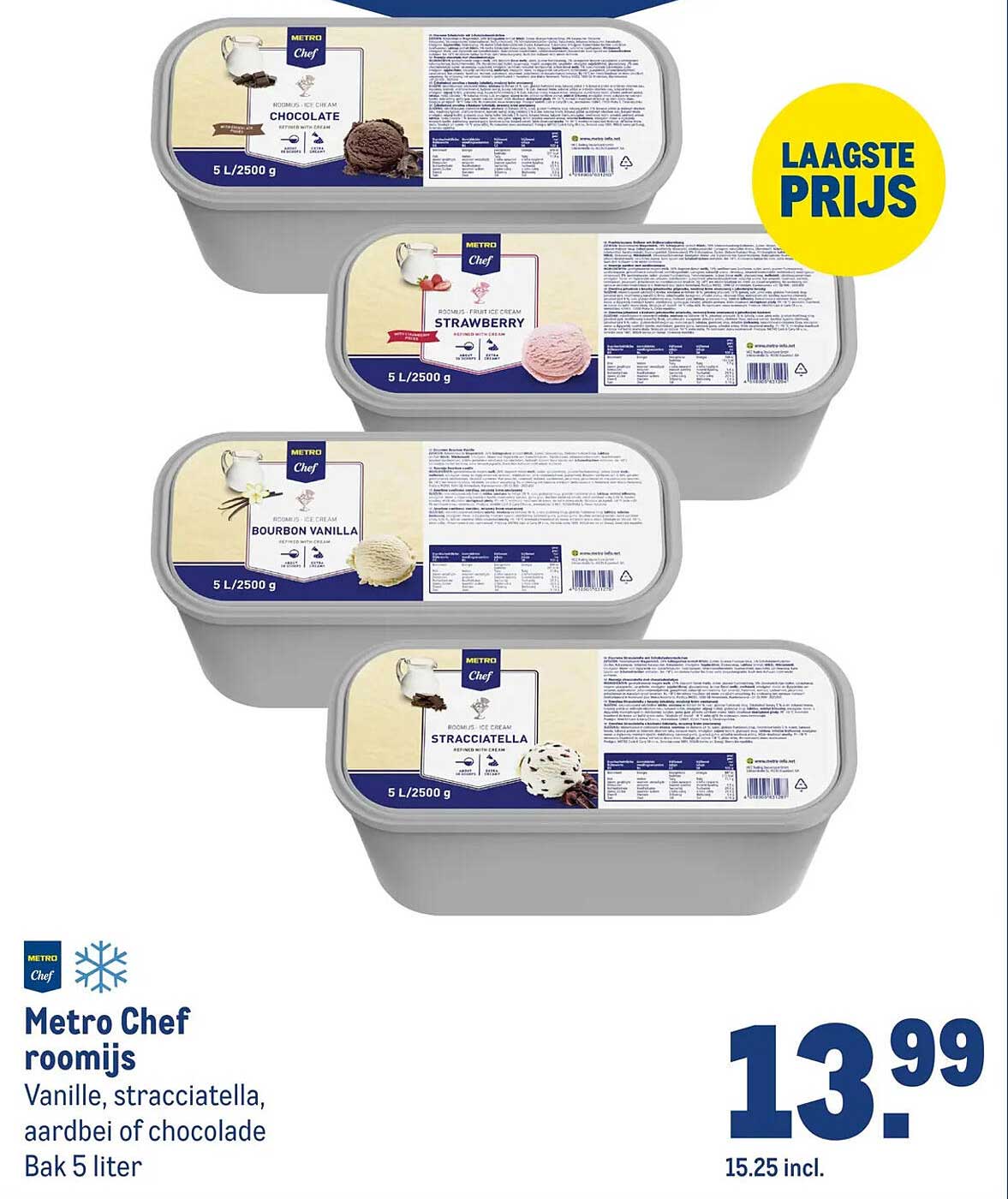 Metro Chef roomijs Vanille, stracciatella, aardbei of chocolade Bak 5 liter