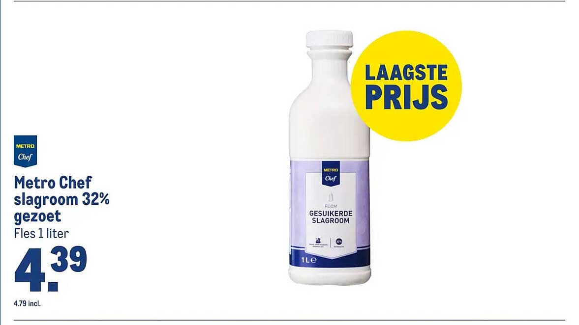 Metro Chef slagroom 32% gezoet Fles 1 liter