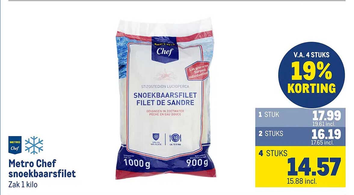 Metro Chef snoekbaarsfilet Zak 1 kilo V.A. 4 STUKS 19% KORTING