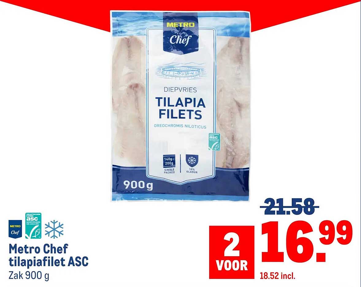 Metro Chef tilapiafilet ASC Zak 900 g 2 voor