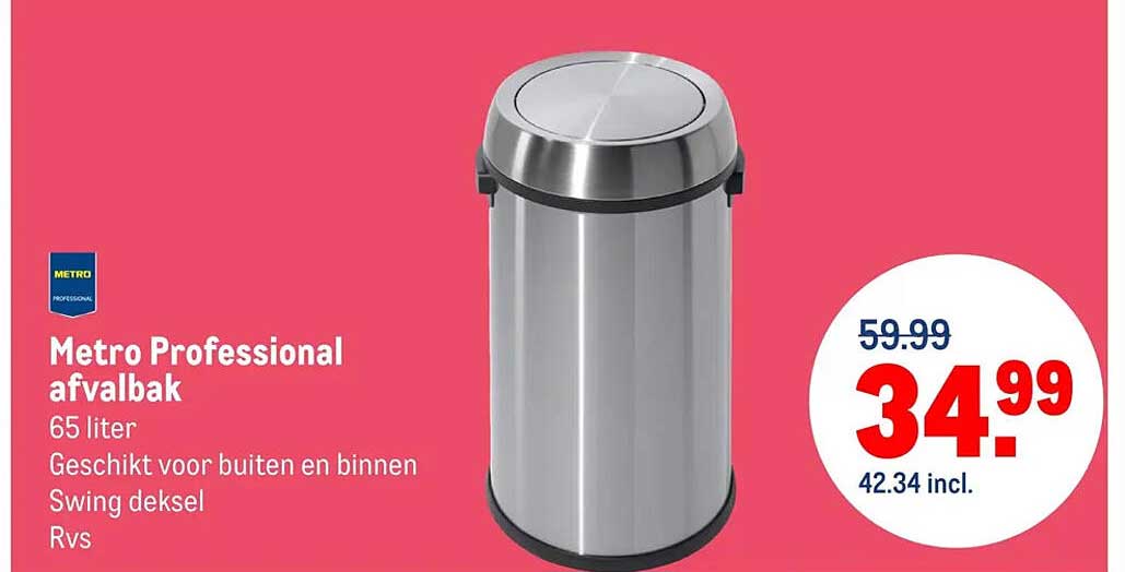 Metro Professional afvalbak 65 liter Geschikt voor buiten en binnen Swing deksel Rvs