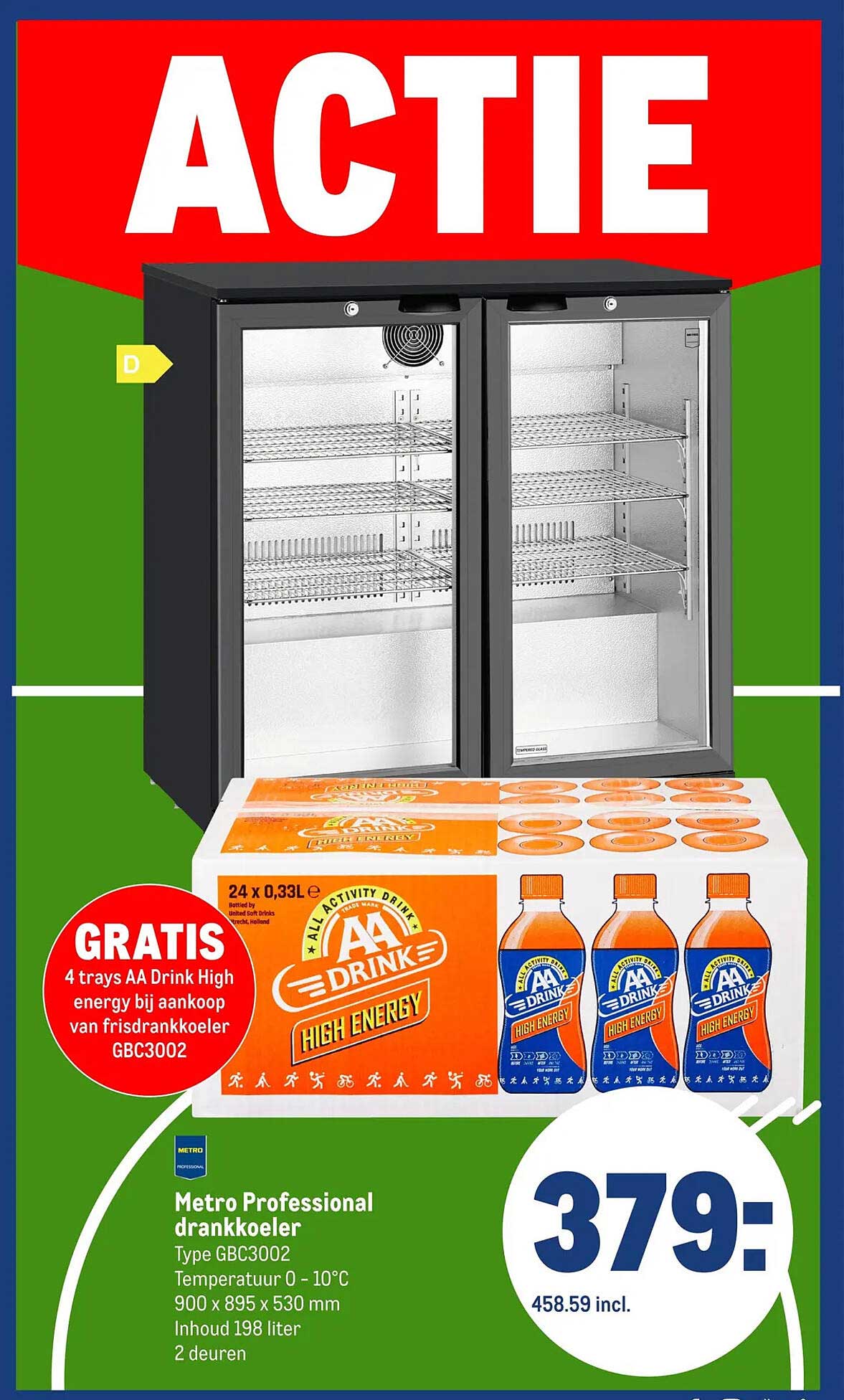 Metro Professional drankkoeler Type GBC3002 GRATIS 4 trays AA Drink High energy bij aankoop van frisdrankkoeler GBC3002