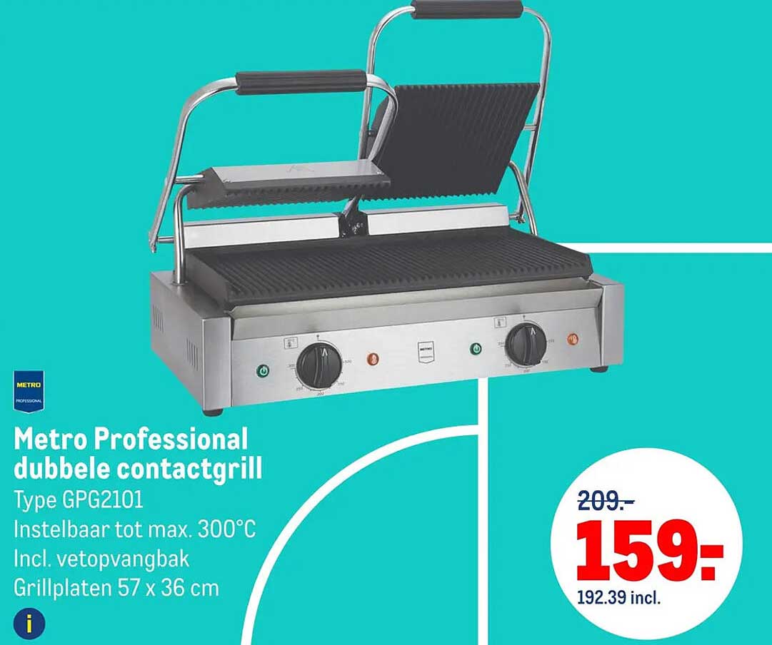 Metro Professional dubbele contactgrill Type GPG2101 Instelbaar tot max. 300°C Incl. vetopvangbak Grillplaten 57 x 36 cm
