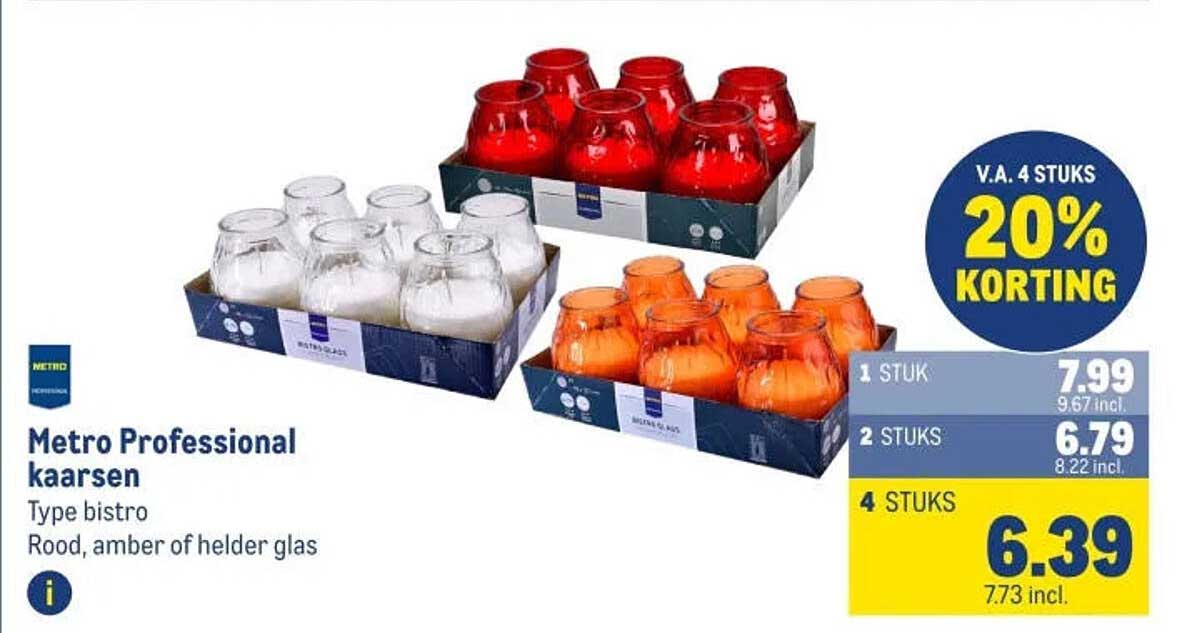Metro Professional kaarsen Type bistro Rood, amber of helder glas V.A. 4 STUKS 20% KORTING