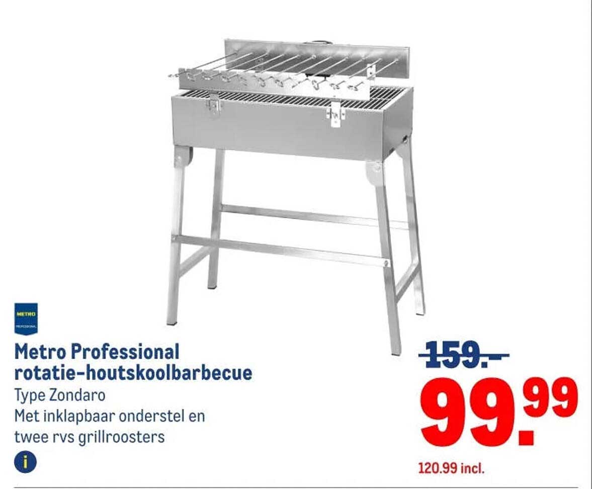 Metro Professional rotatie-houtskoolbarbecue Type Zondaro Met inklapbaar onderstel en twee rvs grillroosters