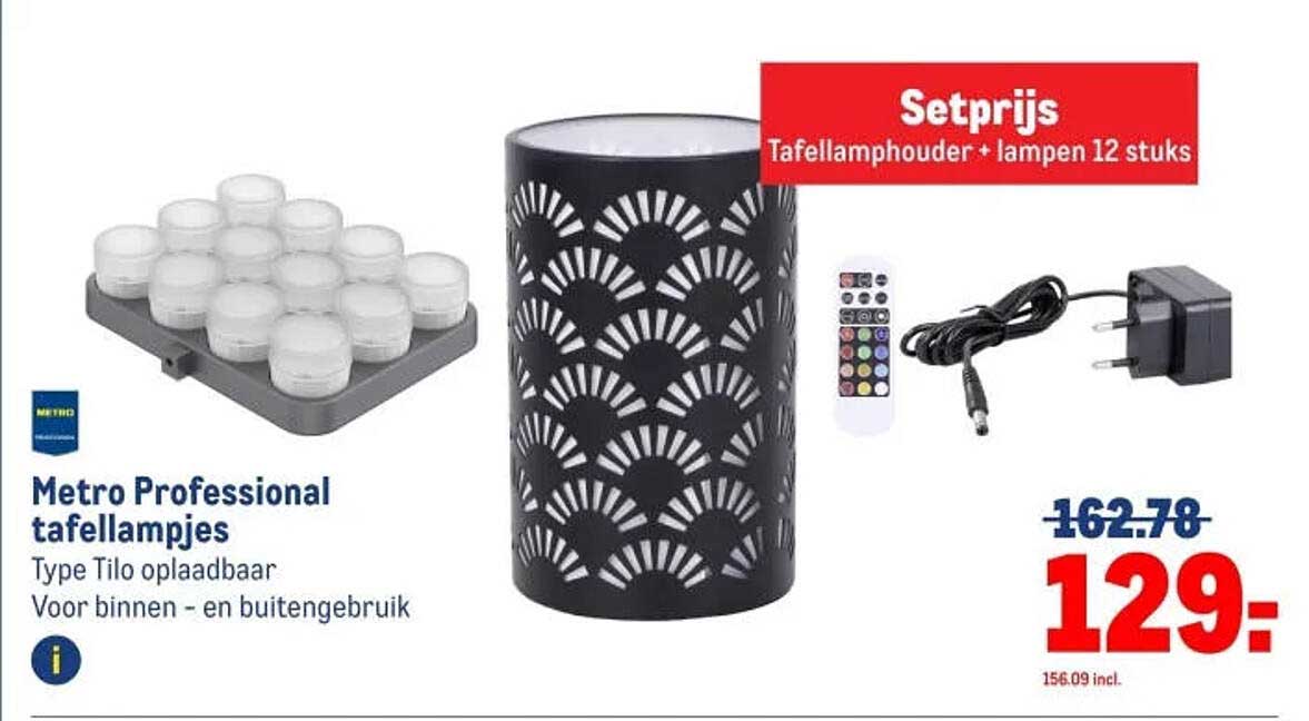 Metro Professional tafellampjes Type Tilo oplaadbaar Voor binnen- en buitengebruik Setprijs Tafellamphouder + lampen 12 stuks