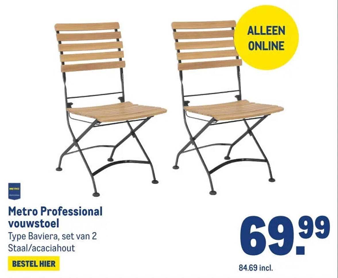 Metro Professional vouwstoel Type Baviera, set van 2 Staal/acaciahout