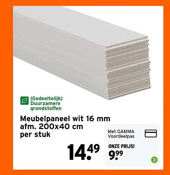 Meubelpaneel wit 16 mm afm. 200x40 cm per stuk