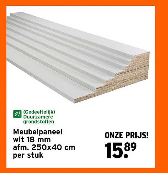 Meubelpaneel wit 18 mm afm. 250x40 cm per stuk