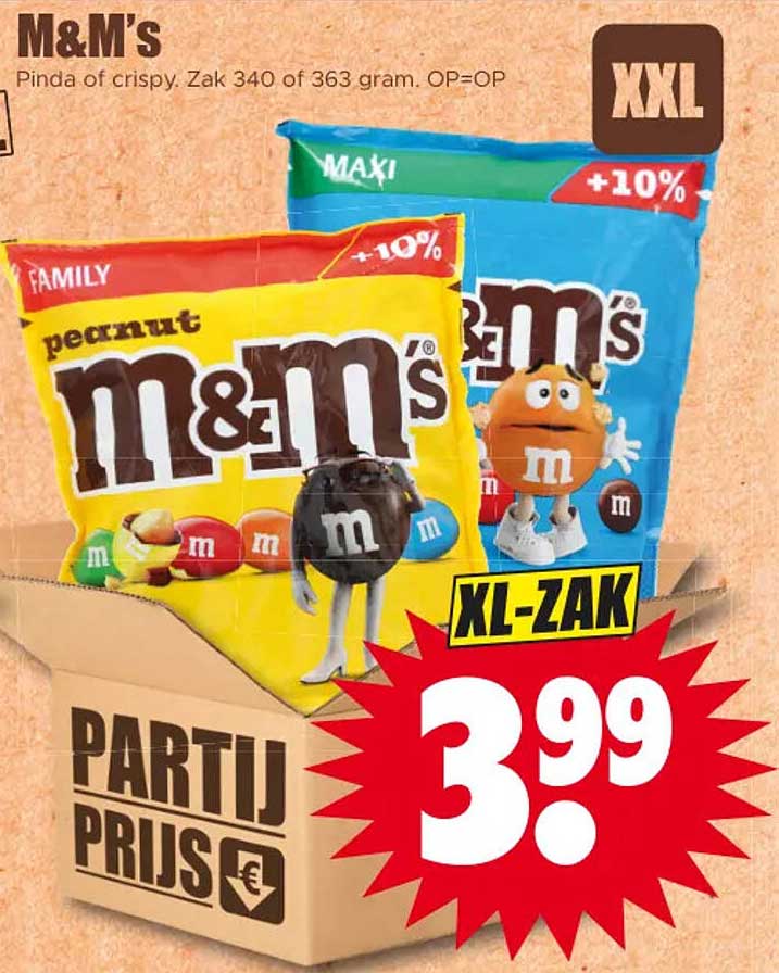 M&M’s Pinda of crispy. Zak 340 of 363 gram. OP=OP XL-ZAK
