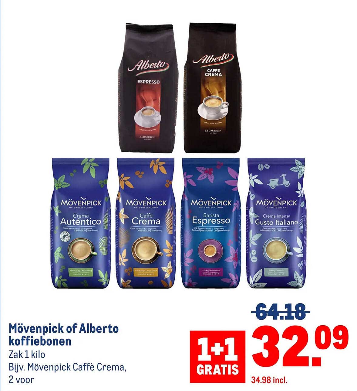 Mövenpick of Alberto koffiebonen 1+1 GRATIS