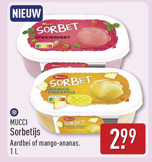 MUCCI Sorbetijs Aardbei of mango-ananas. 1 l.