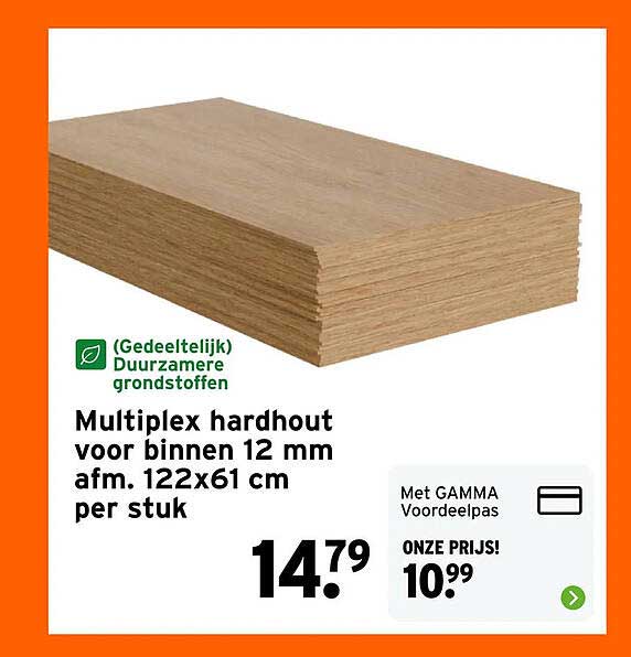 Multiplex hardhout voor binnen 12 mm afm. 122x61 cm per stuk