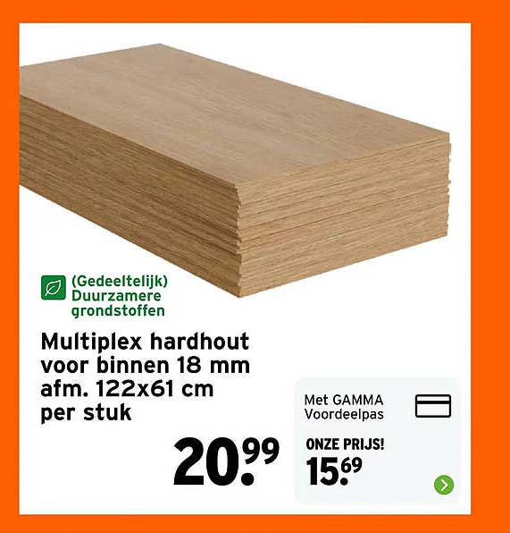 Multiplex hardhout voor binnen 18 mm afm. 122x61 cm per stuk