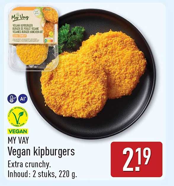MY WAY Vegan kipburgers Extra crunchy. Inhoud: 2 stuks, 220 g.