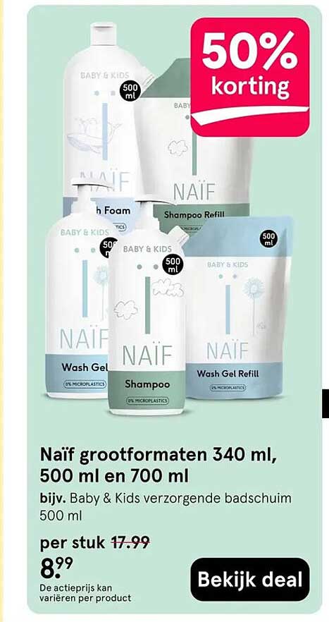 Naïf grootformaten 340 ml, 500 ml en 700 ml 50% korting