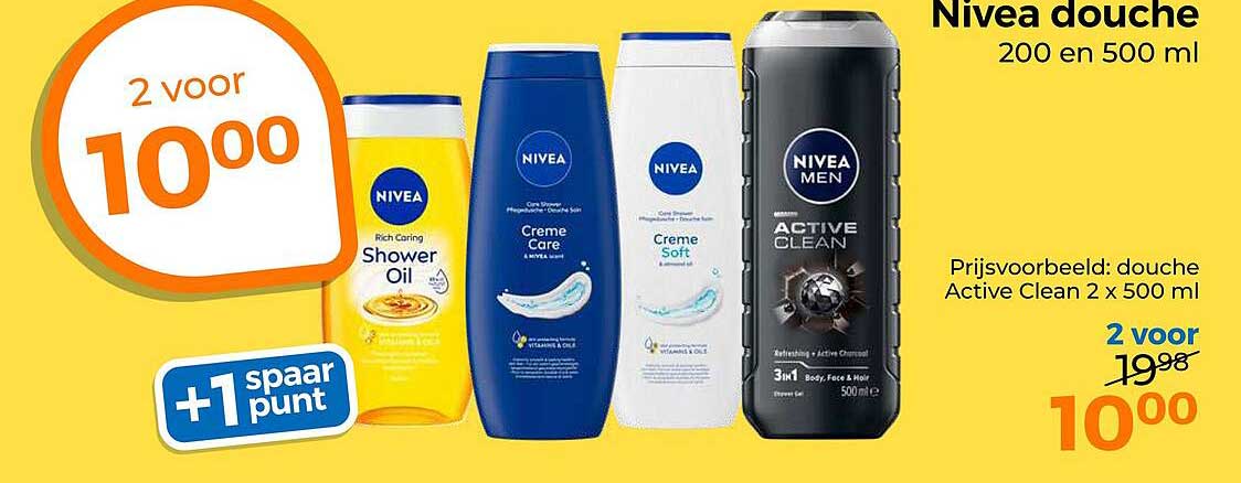 Nivea douche 200 en 500 ml 2 voor 10,00 +1 spaar punt