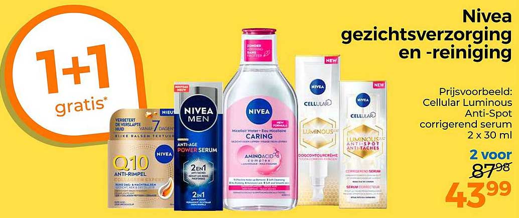 Nivea gezichtsverzorging en -reiniging 1+1 gratis