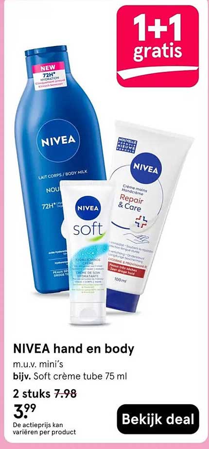 NIVEA hand en body 1+1 gratis