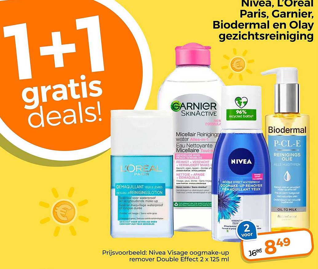 Nivea, L’Oreal Paris, Garnier, Biodermal en Olay gezichtsreiniging 1+1 gratis deals!