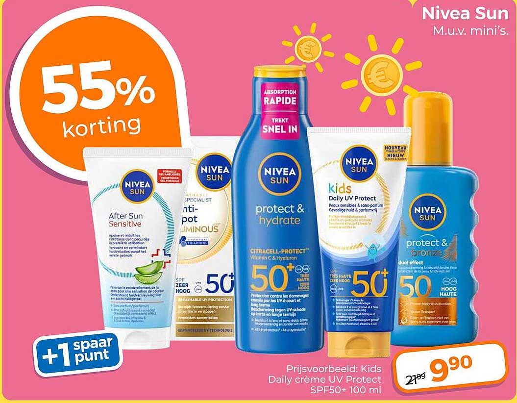 Nivea Sun M.u.v. mini's 55% korting +1 spaar punt