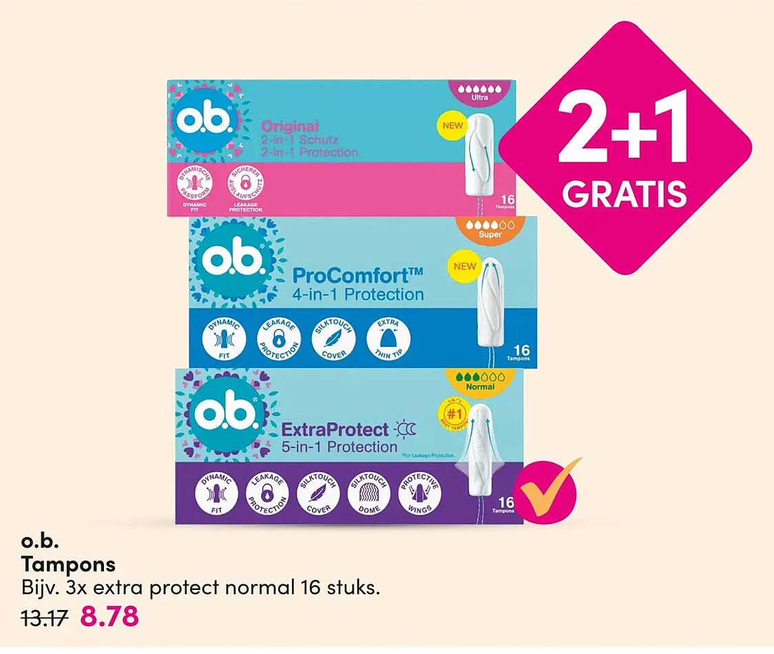 o.b. Tampons Bijv. 3x extra protect normal 16 stuks. 2+1 GRATIS