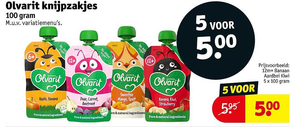 Olvarit knijpzakjes 100 gram 5 voor 5.00