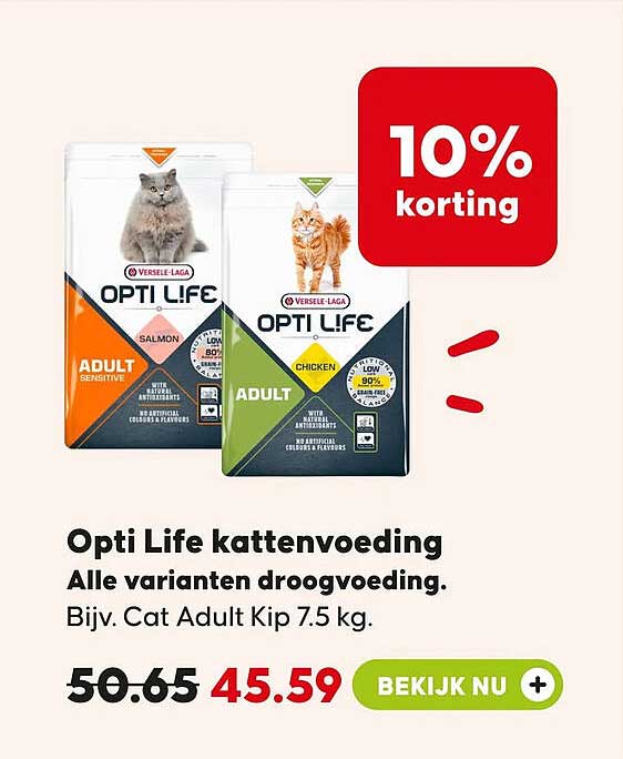 Opti Life kattenvoeding Alle varianten droogvoeding. Bijv. Cat Adult Kip 7.5 kg. 10% korting