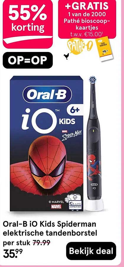 Oral-B iO Kids Spiderman elektrische tandenborstel per stuk 55% korting OP=OP +GRATIS 1 van de 2000 Pathé bioscoopkaartjes t.w.v. €15,00¹