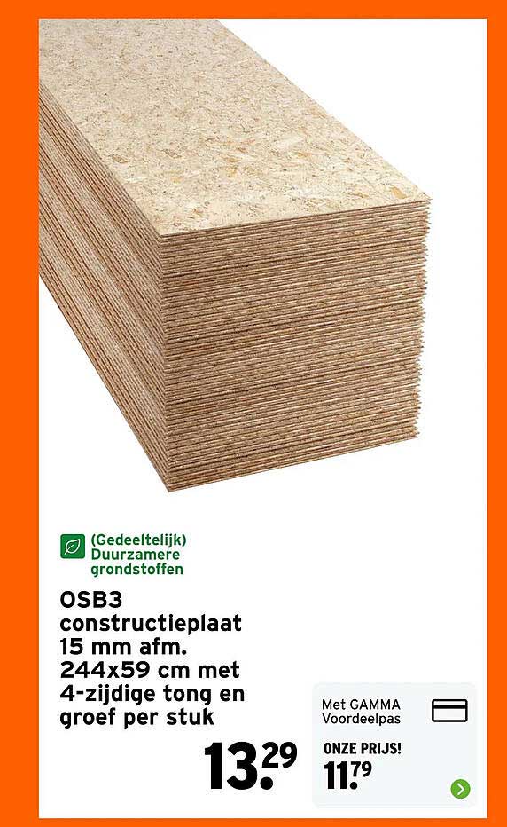 OSB3 constructieplaat 15 mm afm. 244x59 cm met 4-zijdige tong en groef per stuk