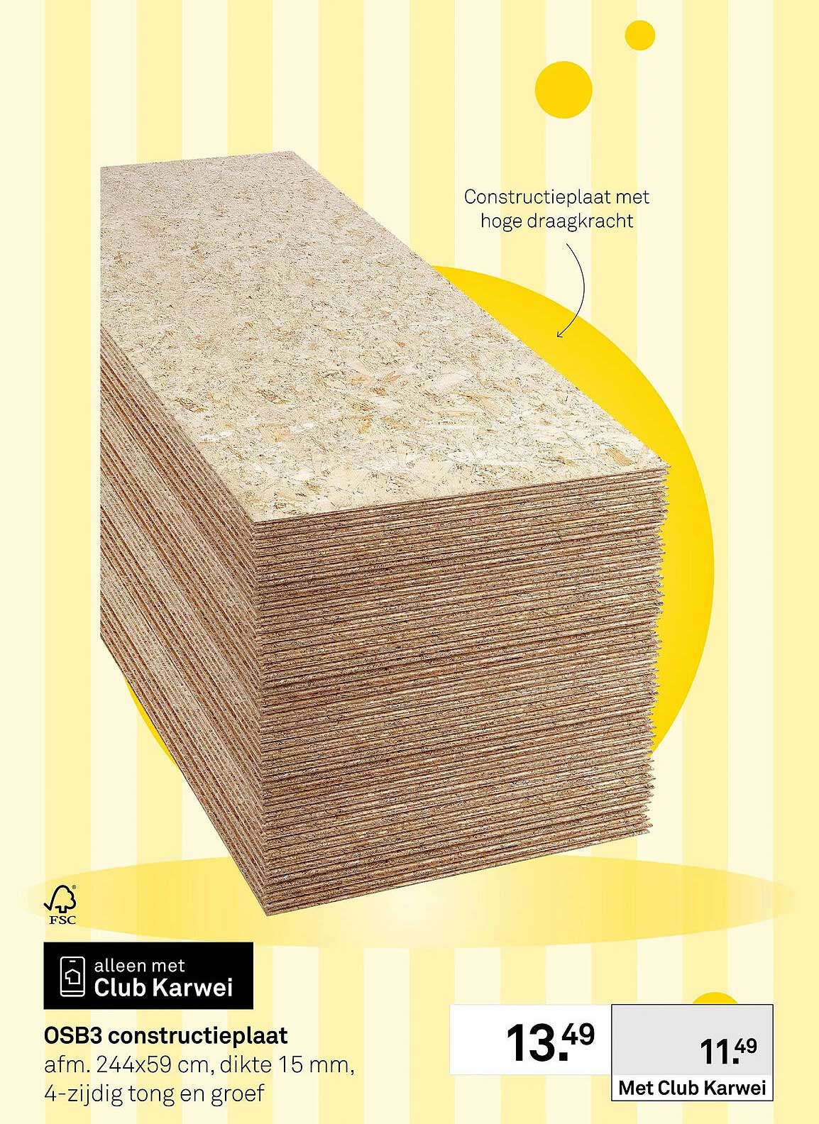 OSB3 constructieplaat afm. 244x59 cm, dikte 15 mm, 4-zijdig tong en groef