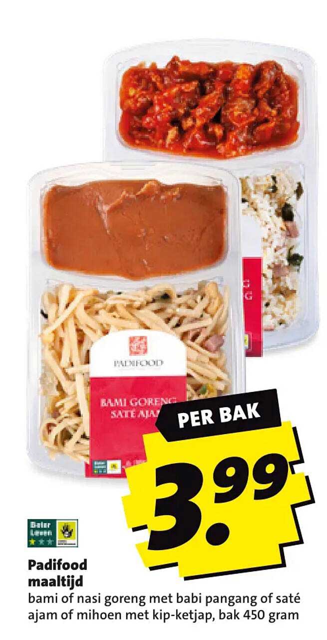 Padifood maaltijd bami of nasi goreng met babi pangang of saté ajam of mihoen met kip-ketjap, bak 450 gram