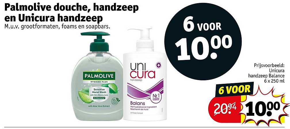Palmolive douche, handzeep en Unicura handzeep M.u.v. grootformaten, foams en soapbars. 6 voor 10.00