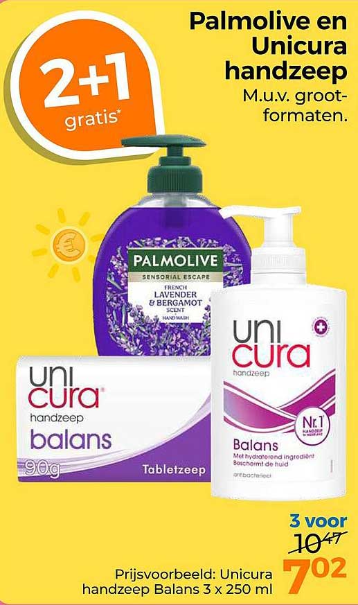 Palmolive en Unicura handzeep 2+1 gratis*