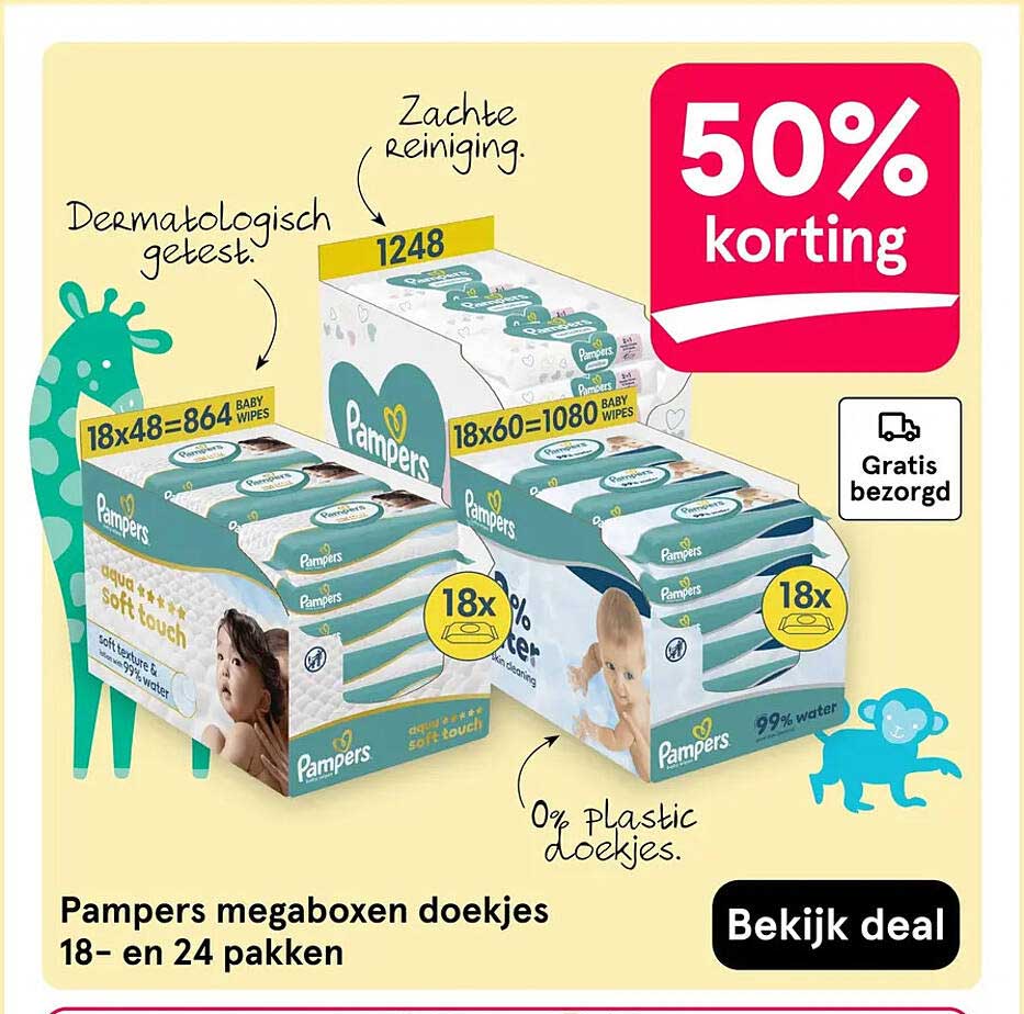 Pampers megaboxen doekjes 18- en 24 pakken 50% korting